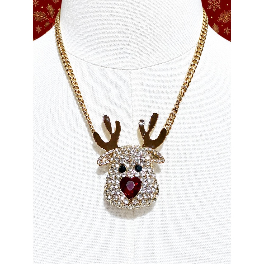 Betsey Johnson Crystal Pavé Rudolph Red Nose Reindeer Christmas Pendant Necklace